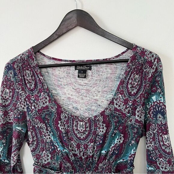 Lucky Brand Purple Blue Paisley Print Scoop Neck Long Sleeve Dress - Picture 3 of 7